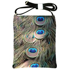 Colorful Peacock Feathers Background Shoulder Sling Bags by Simbadda