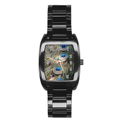 Colorful Peacock Feathers Background Stainless Steel Barrel Watch