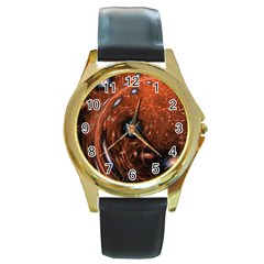 Fractal Peacock World Background Round Gold Metal Watch