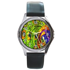 Glass Tile Peacock Feathers Round Metal Watch by Simbadda