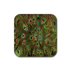 Peacock Feathers Green Background Rubber Coaster (square)  by Simbadda