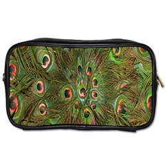 Peacock Feathers Green Background Toiletries Bags by Simbadda