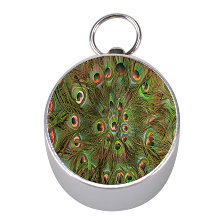 Peacock Feathers Green Background Mini Silver Compasses