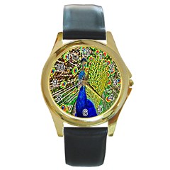 Graphic Painting Of A Peacock Round Gold Metal Watch by Simbadda