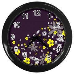 Vintage Retro Floral Flowers Wallpaper Pattern Background Wall Clocks (black) by Simbadda