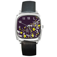 Vintage Retro Floral Flowers Wallpaper Pattern Background Square Metal Watch by Simbadda