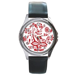 Red Vintage Floral Flowers Decorative Pattern Clipart Round Metal Watch by Simbadda