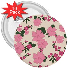 Vintage Floral Wallpaper Background In Shades Of Pink 3  Buttons (10 Pack)  by Simbadda