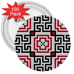 Vintage Style Seamless Black White And Red Tile Pattern Wallpaper Background 3  Buttons (100 Pack)  by Simbadda