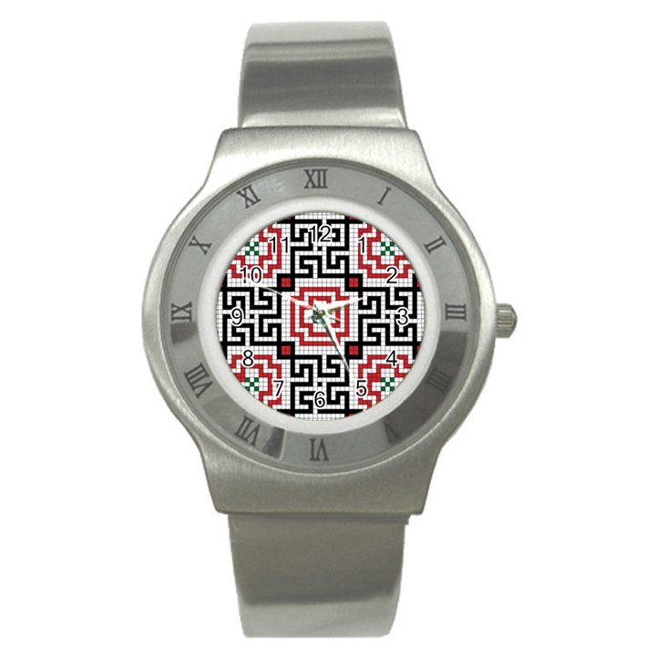 Vintage Style Seamless Black White And Red Tile Pattern Wallpaper Background Stainless Steel Watch