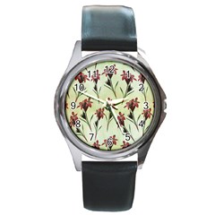 Vintage Style Seamless Floral Wallpaper Pattern Background Round Metal Watch