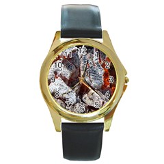 Wooden Hot Ashes Pattern Round Gold Metal Watch by Simbadda