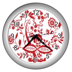 Red Vintage Floral Flowers Decorative Pattern Clipart Wall Clocks (silver) 