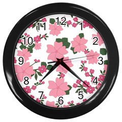 Vintage Floral Wallpaper Background In Shades Of Pink Wall Clocks (black) by Simbadda