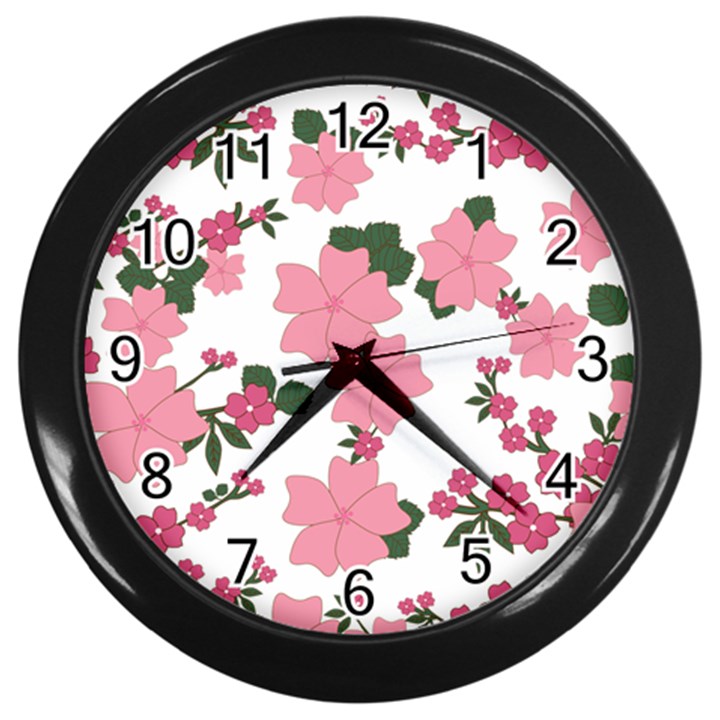 Vintage Floral Wallpaper Background In Shades Of Pink Wall Clocks (Black)