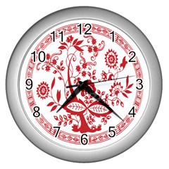 Red Vintage Floral Flowers Decorative Pattern Wall Clocks (silver) 