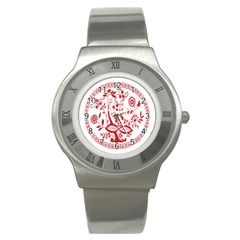 Red Vintage Floral Flowers Decorative Pattern Stainless Steel Watch by Simbadda