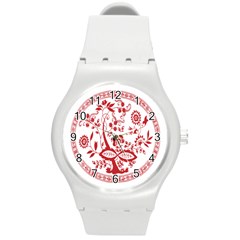 Red Vintage Floral Flowers Decorative Pattern Round Plastic Sport Watch (m) by Simbadda