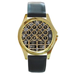 Black And Gold Buttons And Bars Depicting The Signs Of The Astrology Symbols Round Gold Metal Watch by Amaryn4rt