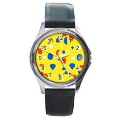 Circle Triangle Red Blue Yellow White Sign Round Metal Watch by Alisyart