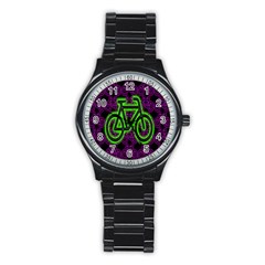 Bike Graphic Neon Colors Pink Purple Green Bicycle Light Stainless Steel Round Watch by Alisyart