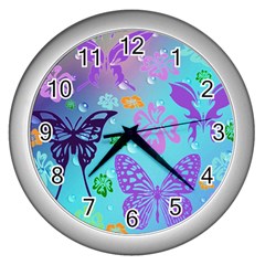 Butterfly Vector Background Wall Clocks (Silver) 