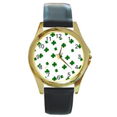 St  Patrick s Clover Pattern Round Gold Metal Watch by Valentinaart