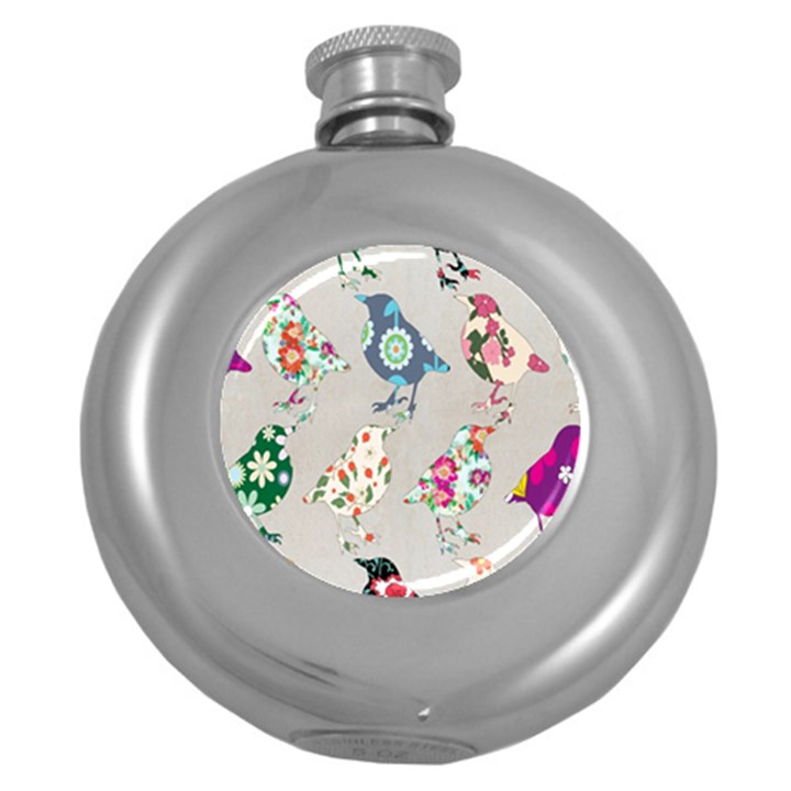 Birds Floral Pattern Wallpaper Round Hip Flask (5 oz)