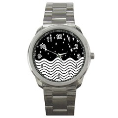 Black And White Waves And Stars Abstract Backdrop Clipart Sport Metal Watch by Amaryn4rt