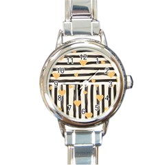 Black Lines And Golden Hearts Pattern Round Italian Charm Watch by TastefulDesigns