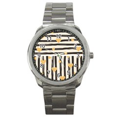 Black Lines And Golden Hearts Pattern Sport Metal Watch by TastefulDesigns