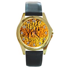 Yellow Chevron Zigzag Pattern Round Gold Metal Watch