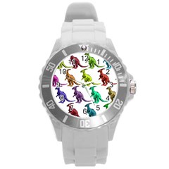 Multicolor Dinosaur Background Round Plastic Sport Watch (l) by Amaryn4rt