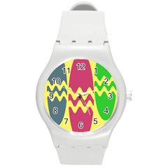 Easter Egg Shapes Large Wave Green Pink Blue Yellow Round Plastic Sport Watch (m)