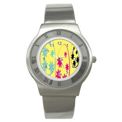Easter Egg Shapes Large Wave Green Pink Blue Yellow Black Floral Star Stainless Steel Watch