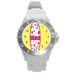 Easter Egg Shapes Large Wave Pink Yellow Circle Dalmation Round Plastic Sport Watch (l)