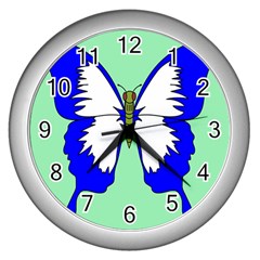 Draw Butterfly Green Blue White Fly Animals Wall Clocks (silver) 