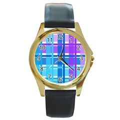 Gingham Pattern Blue Purple Shades Sheath Round Gold Metal Watch by Alisyart