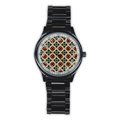 Seamless Floral Flower Star Red Black Grey Stainless Steel Round Watch by Alisyart
