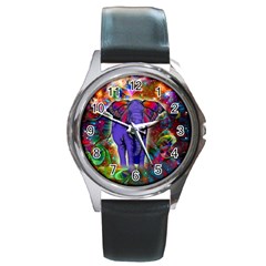 Abstract Elephant With Butterfly Ears Colorful Galaxy Round Metal Watch by EDDArt