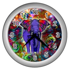 Abstract Elephant With Butterfly Ears Colorful Galaxy Wall Clocks (silver)  by EDDArt