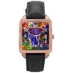 Abstract Elephant With Butterfly Ears Colorful Galaxy Rose Gold Leather Watch  Front