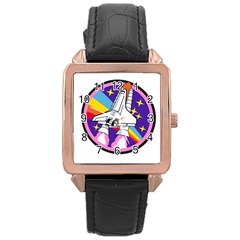 Badge Patch Pink Rainbow Rocket Rose Gold Leather Watch  by Amaryn4rt