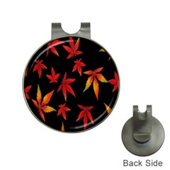 Colorful Autumn Leaves On Black Background Hat Clips With Golf Markers by Amaryn4rt