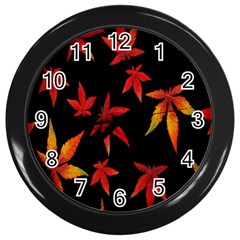 Colorful Autumn Leaves On Black Background Wall Clocks (black) by Amaryn4rt