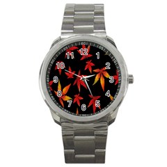 Colorful Autumn Leaves On Black Background Sport Metal Watch by Amaryn4rt