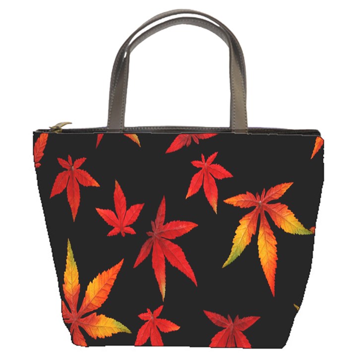 Colorful Autumn Leaves On Black Background Bucket Bags