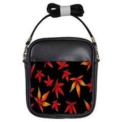 Colorful Autumn Leaves On Black Background Girls Sling Bags by Amaryn4rt