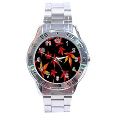 Colorful Autumn Leaves On Black Background Stainless Steel Analogue Watch by Amaryn4rt