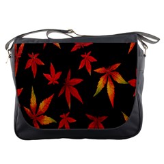 Colorful Autumn Leaves On Black Background Messenger Bags by Amaryn4rt